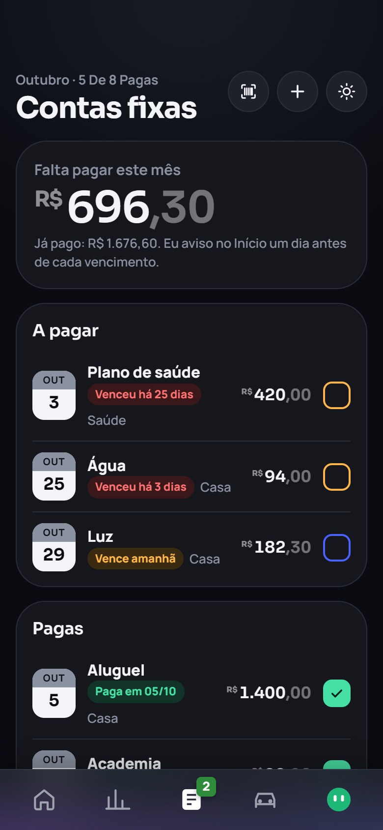 Contas fixas do mês: o que falta pagar e o que já foi pago
