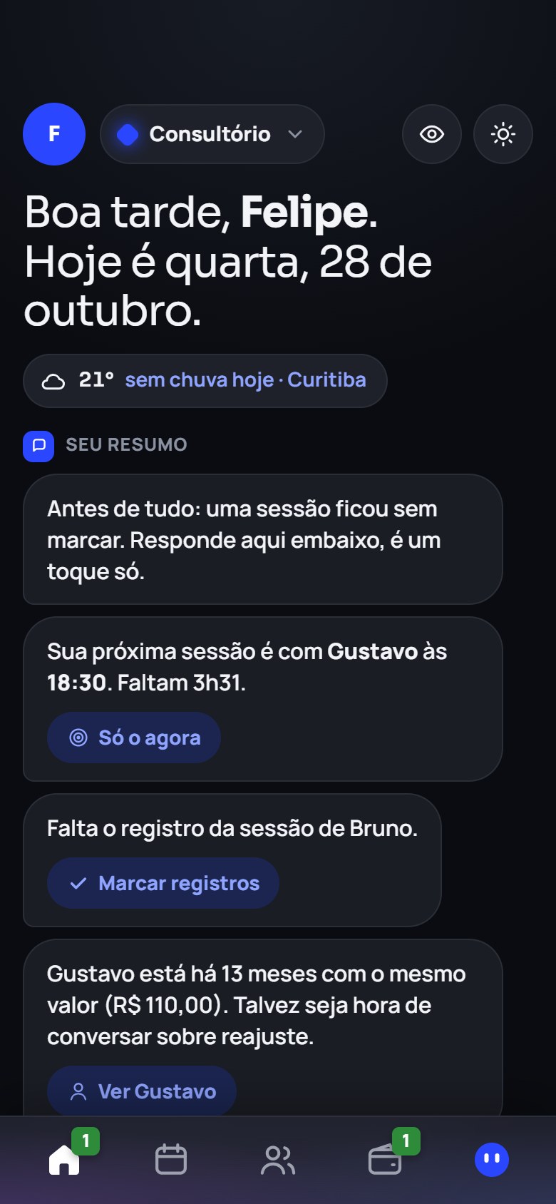 Tela inicial do app, com o resumo do dia